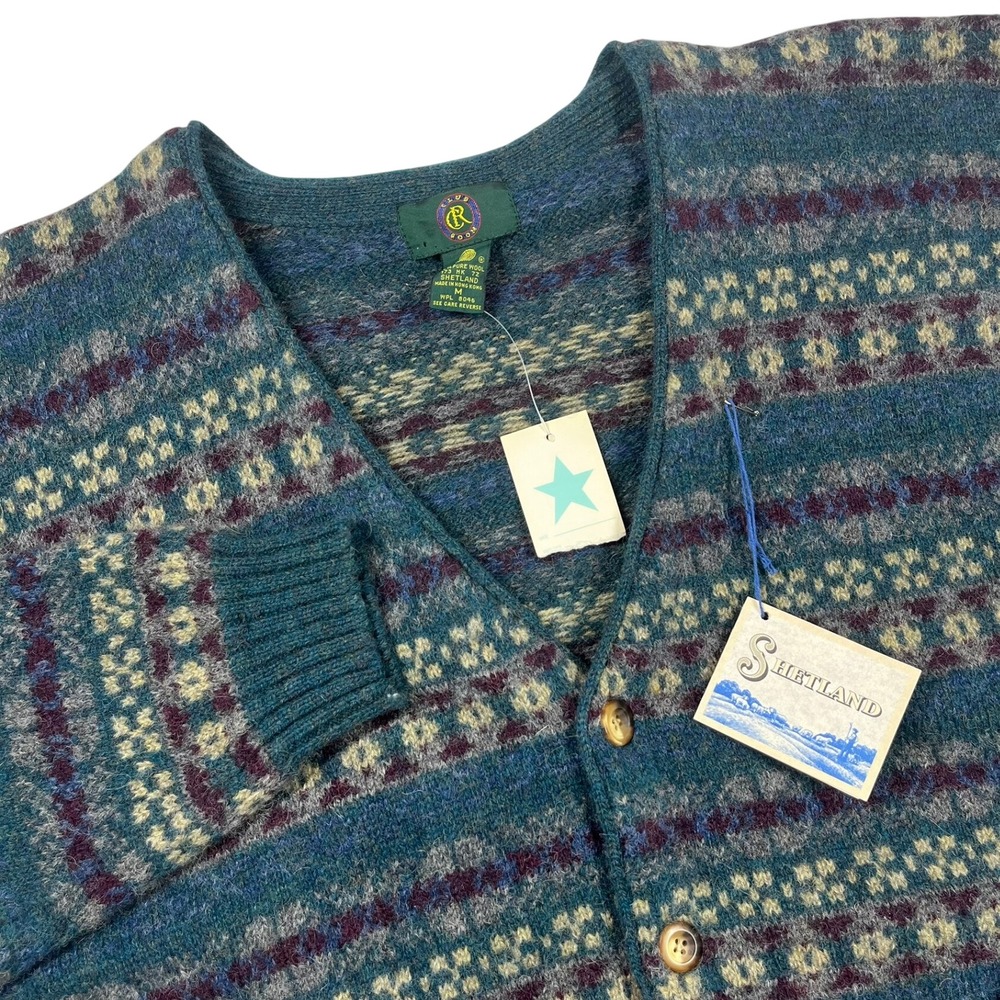 Club Room Cardigan Mens M Blue Shetland Wool Fair Isle Vintage Sweater